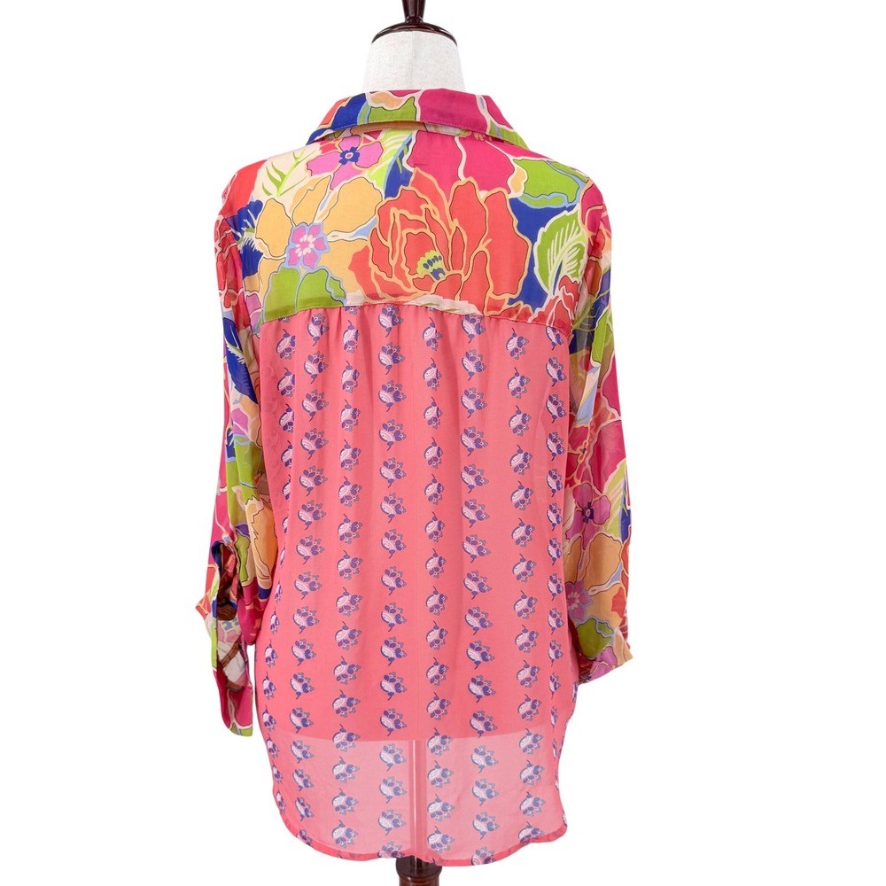 Fig and FlowerTropical Floral Button Up Roll Tab Sleeve Blouse Coral Pink L - Picture 2 of 10